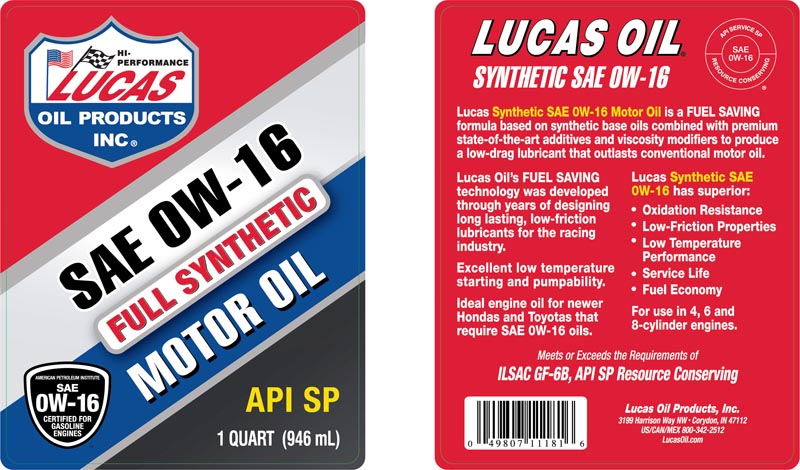 Syn 0W-16 Motor Oil - Quart (Label)